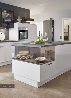 nobilia Küche Küchenzeile mit Kücheninsel Flash 503 Lacklaminat Alpinweiß Hochglanz 300+180 cm konfigurierbar mit E-Geräten spiegelverkehrt