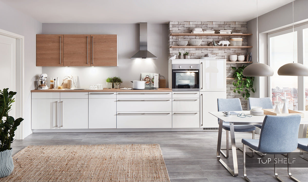 nobilia Küche Küchenzeile Flash 503 Lacklaminat Alpinweiß Hochglanz Wandschrankfronten in Eiche Havanna  480 cm konfigurierbar mit Elektrogeräten