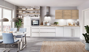 nobilia Küche Küchenzeile Flash 503 Lacklaminat Alpinweiß Hochglanz mit Hängeschrankfronten in Eiche San Remo 480 cm konfigurierbar mit E-Geräten spiegelverkehrt