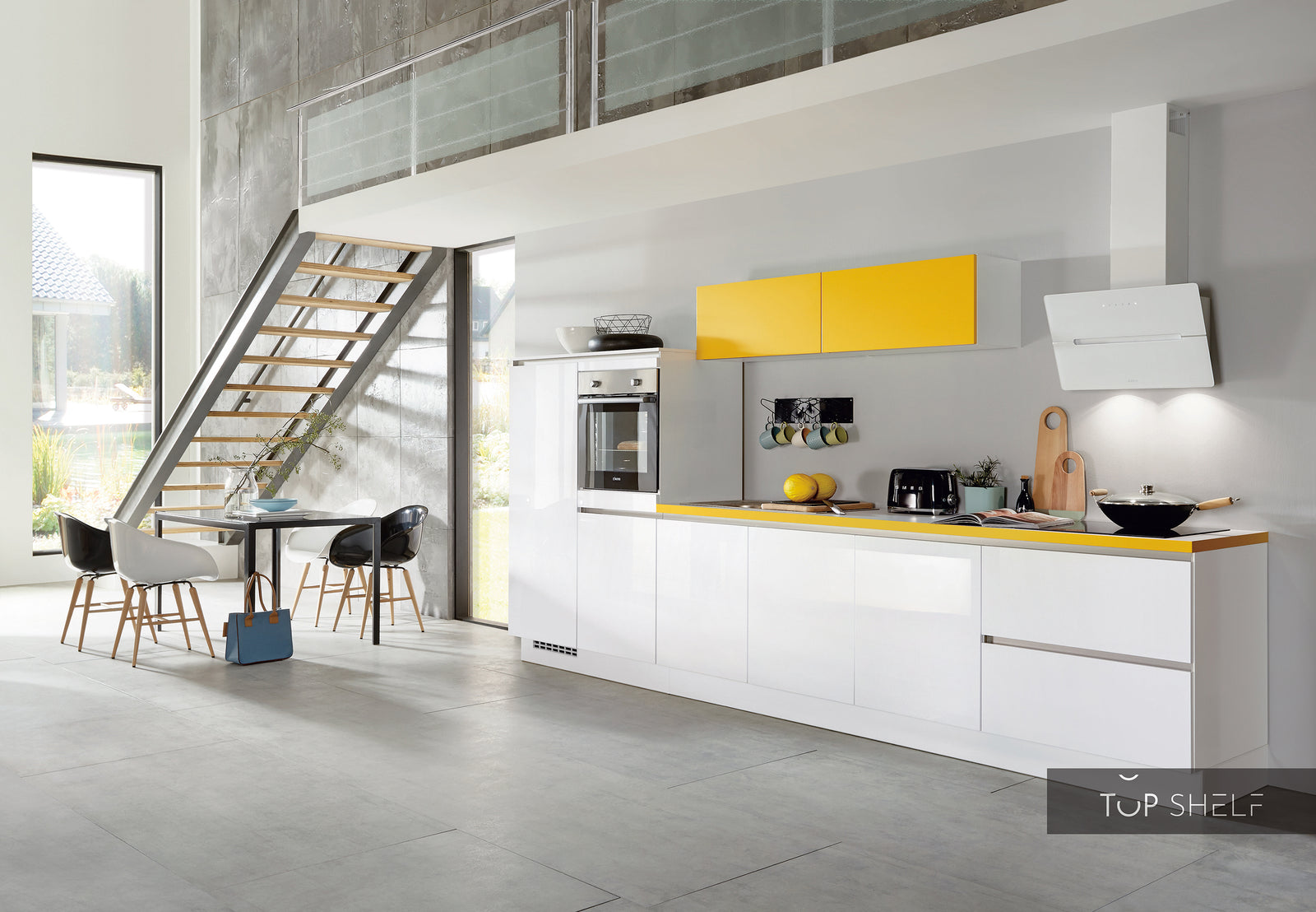 nobilia keuken keukeneenheid Focus 470 lak Alpinweiß ultra hoogglans Color Concept 214 Sonnengelb greeploos 400cm configureerbaar -