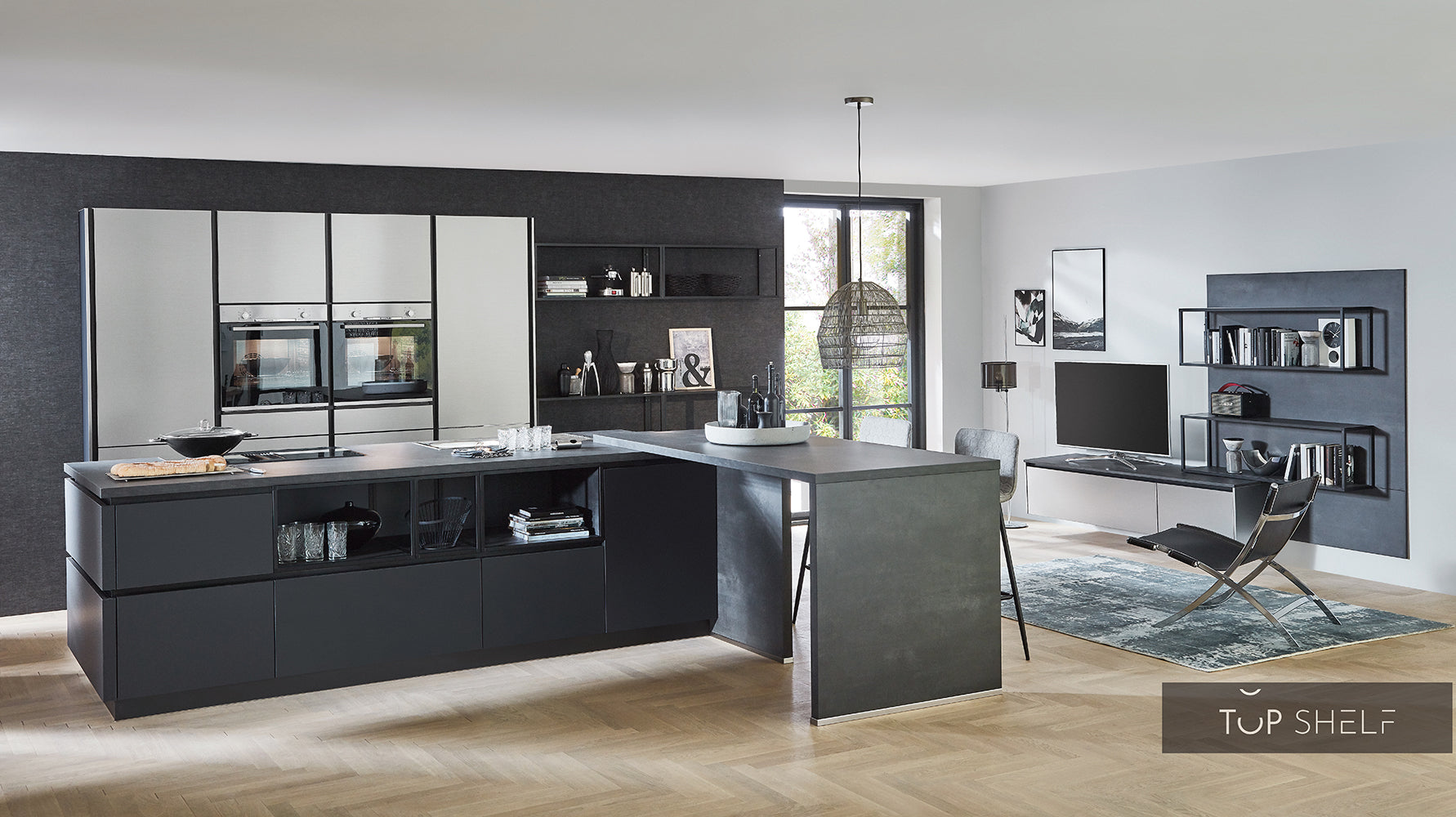 nobilia Küche mit Kücheninsel Inox 216 Lacklaminat Stahl gebürstet Nachbildung 240+280cm konfigurierbar mit E-Geräten