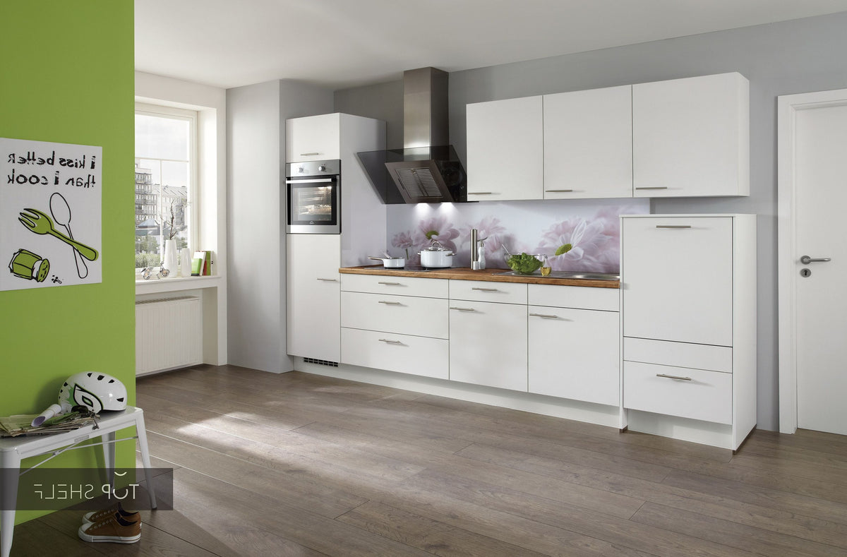 nobilia Küche Küchenzeile Laser 427 Alpinweiss Nischenverkleidung 435 Dekor Blume 330 cm konfigurierbar mit E-Geräten spiegelverkehrt