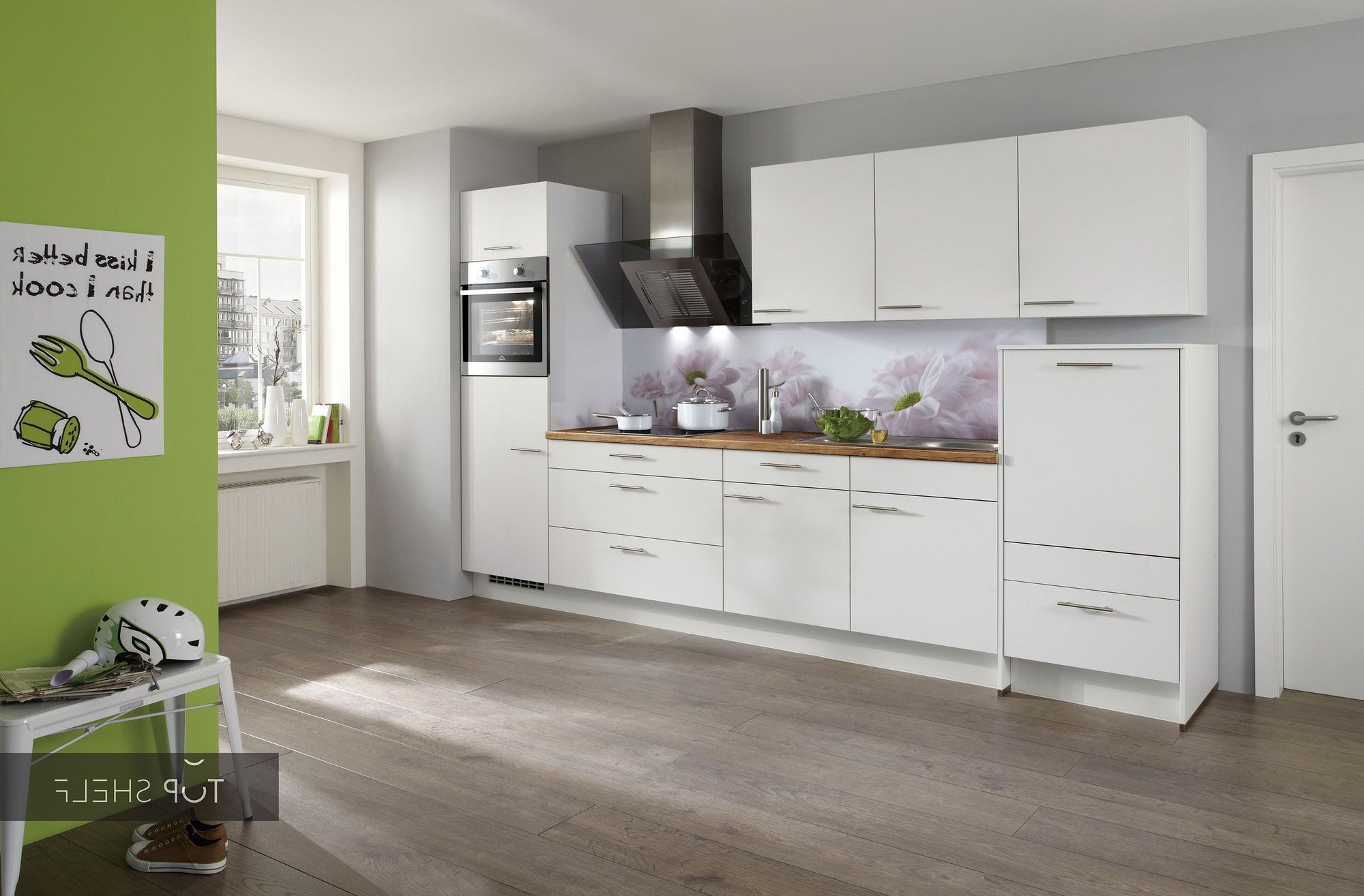 nobilia Küche Küchenzeile Laser 427 Alpinweiss Nischenverkleidung 435 Dekor Blume 330 cm konfigurierbar mit E-Geräten