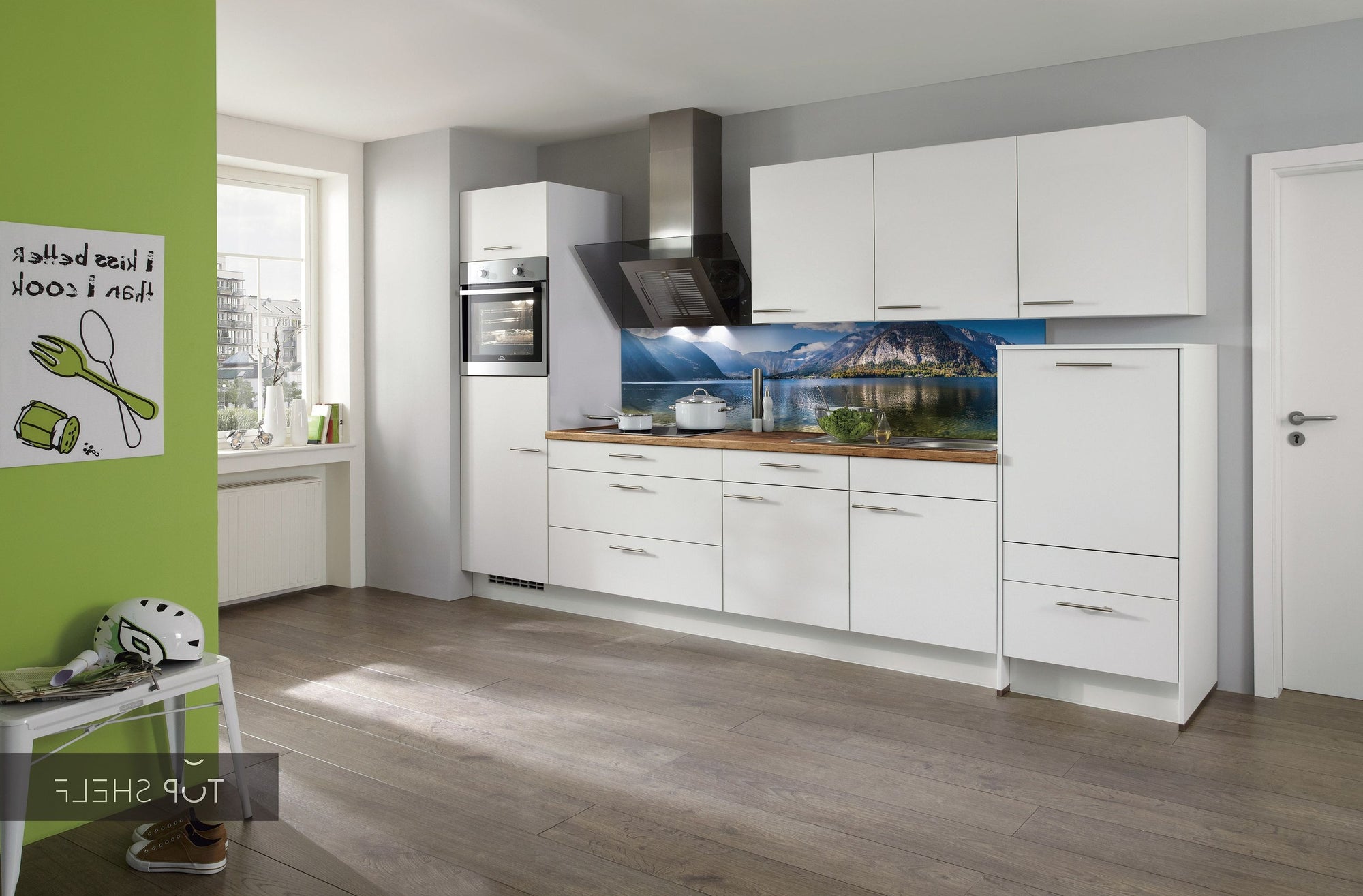 nobilia Küche Küchenzeile Laser 427 Alpinweiss Nischenverkleidung 561 Dekor Fjord 330 cm konfigurierbar mit E-Geräten