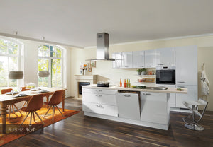 nobilia Küche mit Kücheninsel Lux 819 Lack Seidengrau Hochglanz 300+280 cm konfigurierbar mit E-Geräten spiegelverkehrt