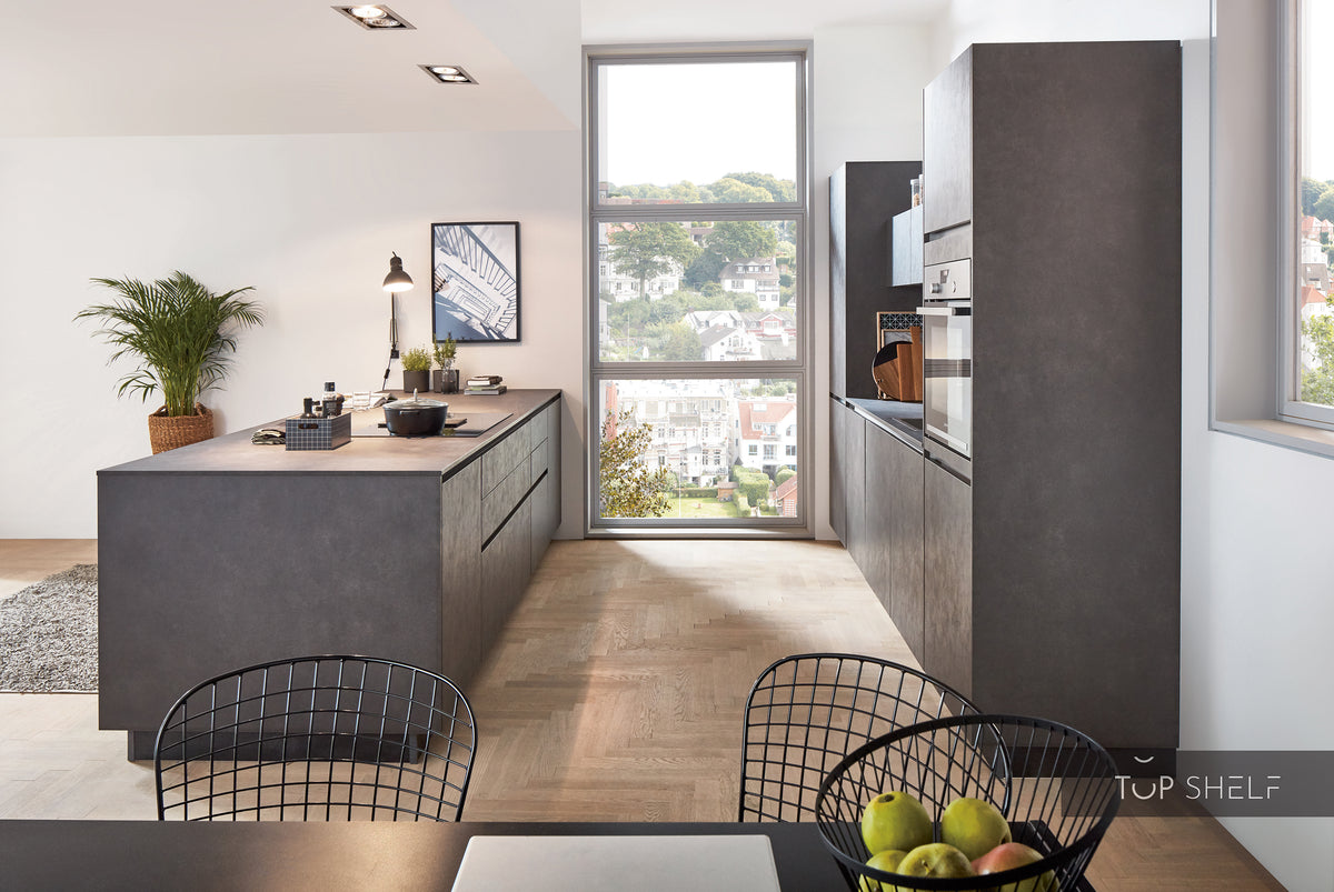 nobilia Küchenzeile mit Kücheninsel Riva 839 Beton Terragrau Nachbildung 300 + 300 cm konfigurierbar mit E-Geräten seitlich