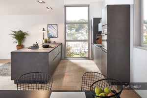 nobilia Küchenzeile mit Kücheninsel Riva 839 Beton Terragrau Nachbildung 300 + 300 cm konfigurierbar mit E-Geräten seitlich