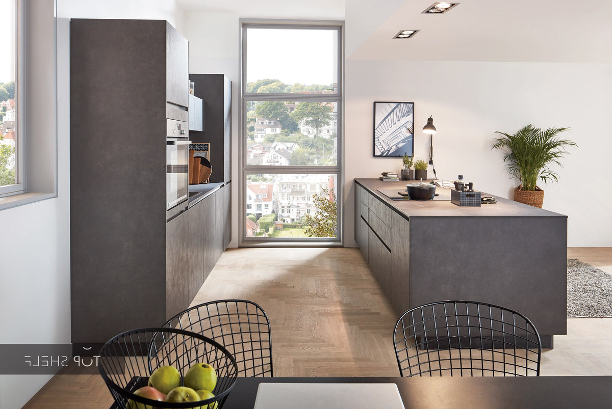 nobilia Küchenzeile mit Kücheninsel Riva 839 Beton Terragrau Nachbildung 300 + 300 cm konfigurierbar mit E-Geräten seitlich spiegelverkehrt