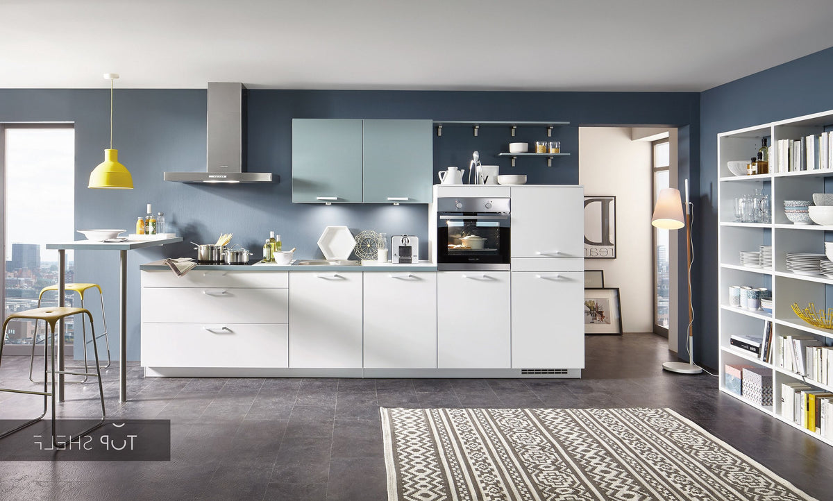 nobilia Küche Speed 244 Alpinweiß Color Concept 254 Aqua 360 cm Küche konfigurierbar mit Elektrogeräten spiegelverkehrt