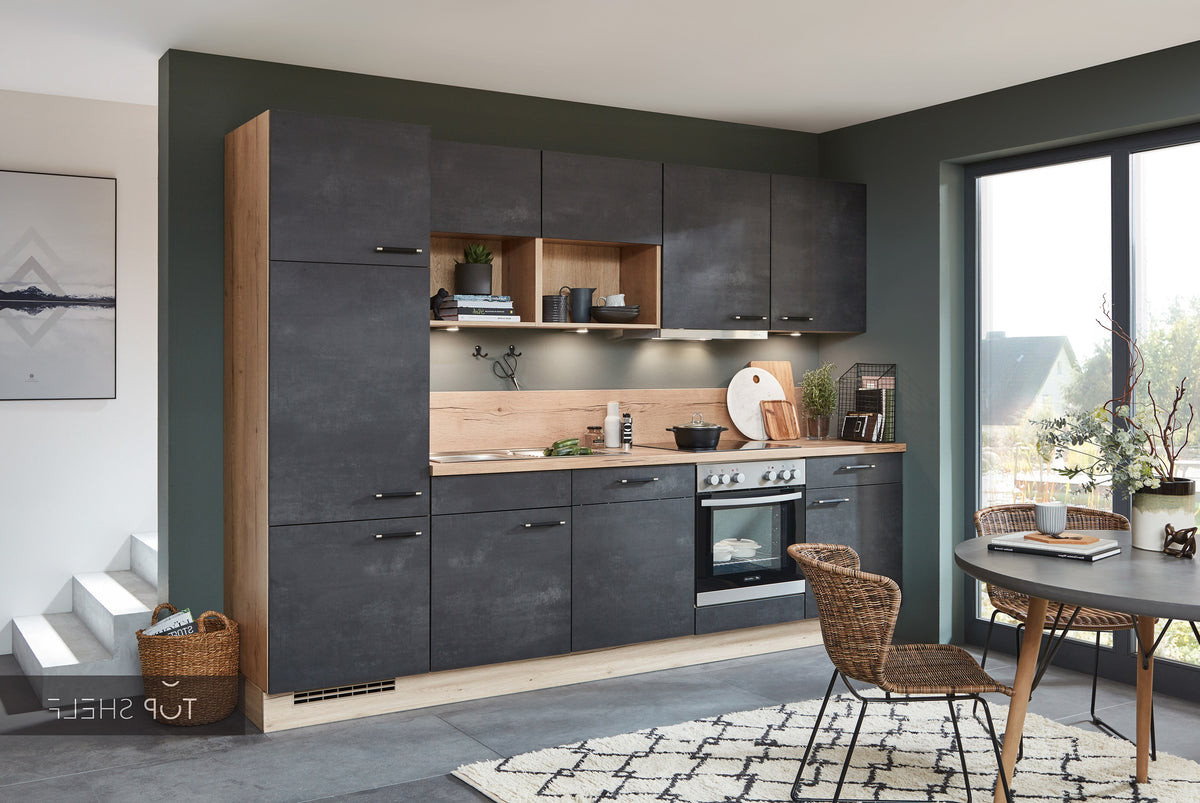 nobilia Küche Küchenzeile Speed 288 Schwarzbeton 300 cm Küche konfigurierbar mit Elektrogeräten-top-shelf.de spiegelverkehrt