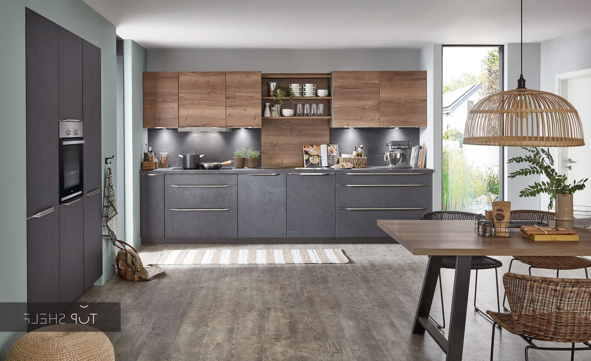 nobilia Küche Küchenzeile StoneArt 303 Grauschiefer Nachbildung 370+180cm konfigurierbar mit E-Geräten spiegelverkehrt