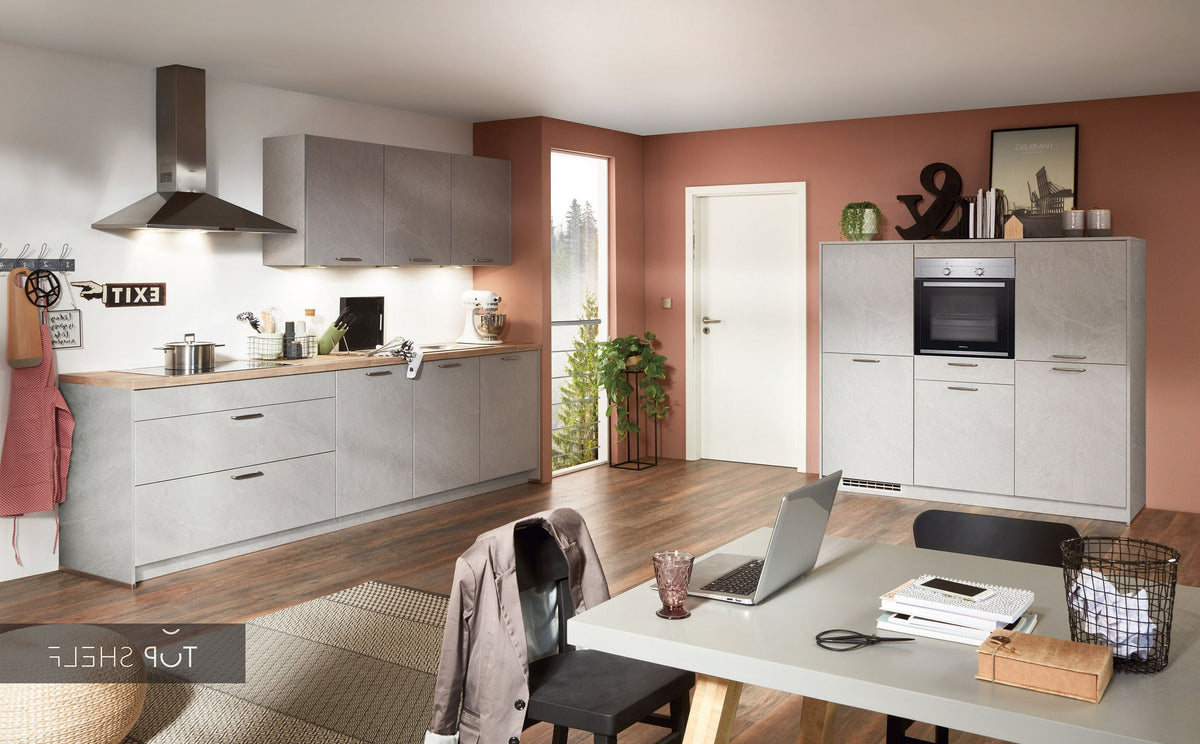 nobilia Küche Küchenzeile StoneArt 304 Schiefer steingrau Nachbildung 300+185cm konfigurierbar mit E-Geräten spiegelverkehrt