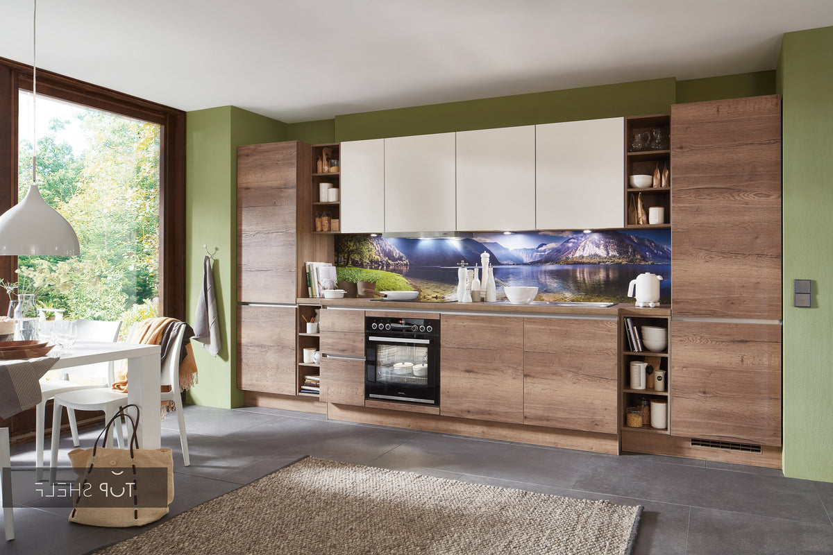 nobilia Küchenzeile Structura 402 Eiche Havanna Nischenverkleidung 561 Dekor Fjord 410 cm konfigurierbar mit Elektrogeräten spiegelverkehrt