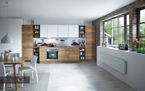 nobilia Cocina Structura 402 Roble Havanna Revestimiento de nicho 445 Decoración World of Tee sin tiradores 420 cm configurable -