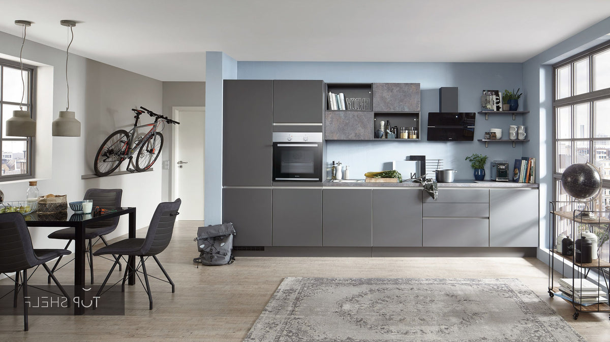 nobilia Küche Küchenzeile Touch 334 Lacklaminat Schiefergrau supermatt 400 cm konfigurierbar mit E-Geräten spiegelverkehrt