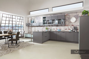 nobilia Küche mit Kücheninsel Touch 334 Lacklaminat Schiefergrau supermatt 600 + 120 cm konfigurierbar mit Elektrogeräten seitliche Ansicht