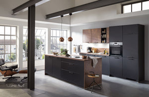 nobilia Küche mit Kücheninsel Touch 340 Color Concept Lacklaminat Schwarz supermatt / Ferro Bronze 240 + 300 cm konfigurierbar mit Elektrogeräten spiegelverkehrt