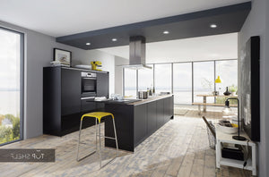 nobilia Küche mit Kücheninsel Touch 340 Lacklaminat Schwarz supermatt 300 + 180 cm konfigurierbar mit E-Geräte spiegelverkehrt