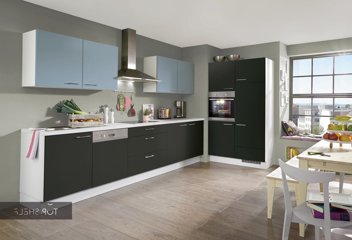 nobilia Küche Touch 340 Lacklaminat Schwarz supermatt mit Akzent Aqua 330 + 120 cm konfigurierbar mit Elektrogeräten spiegelverkehrt