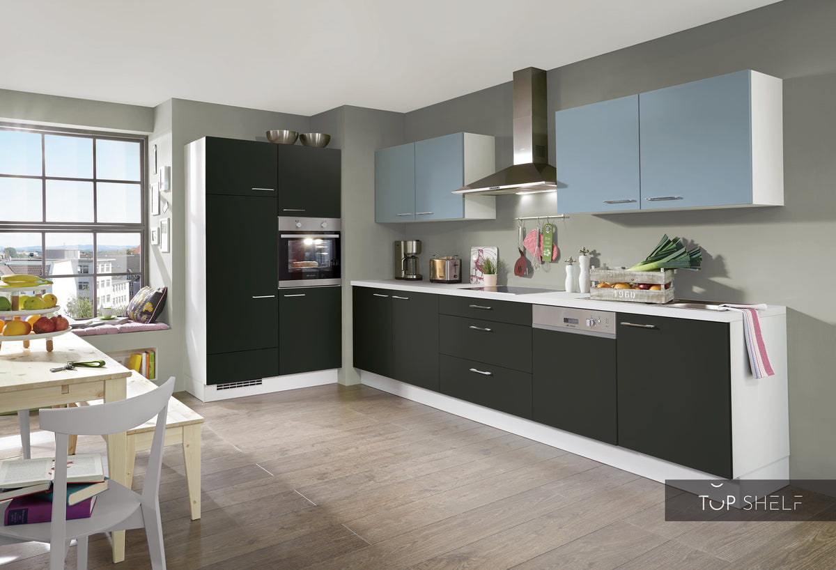 nobilia Küche Touch 340 Lacklaminat Schwarz supermatt mit Akzent Aqua 330 + 120 cm konfigurierbar mit Elektrogeräten 