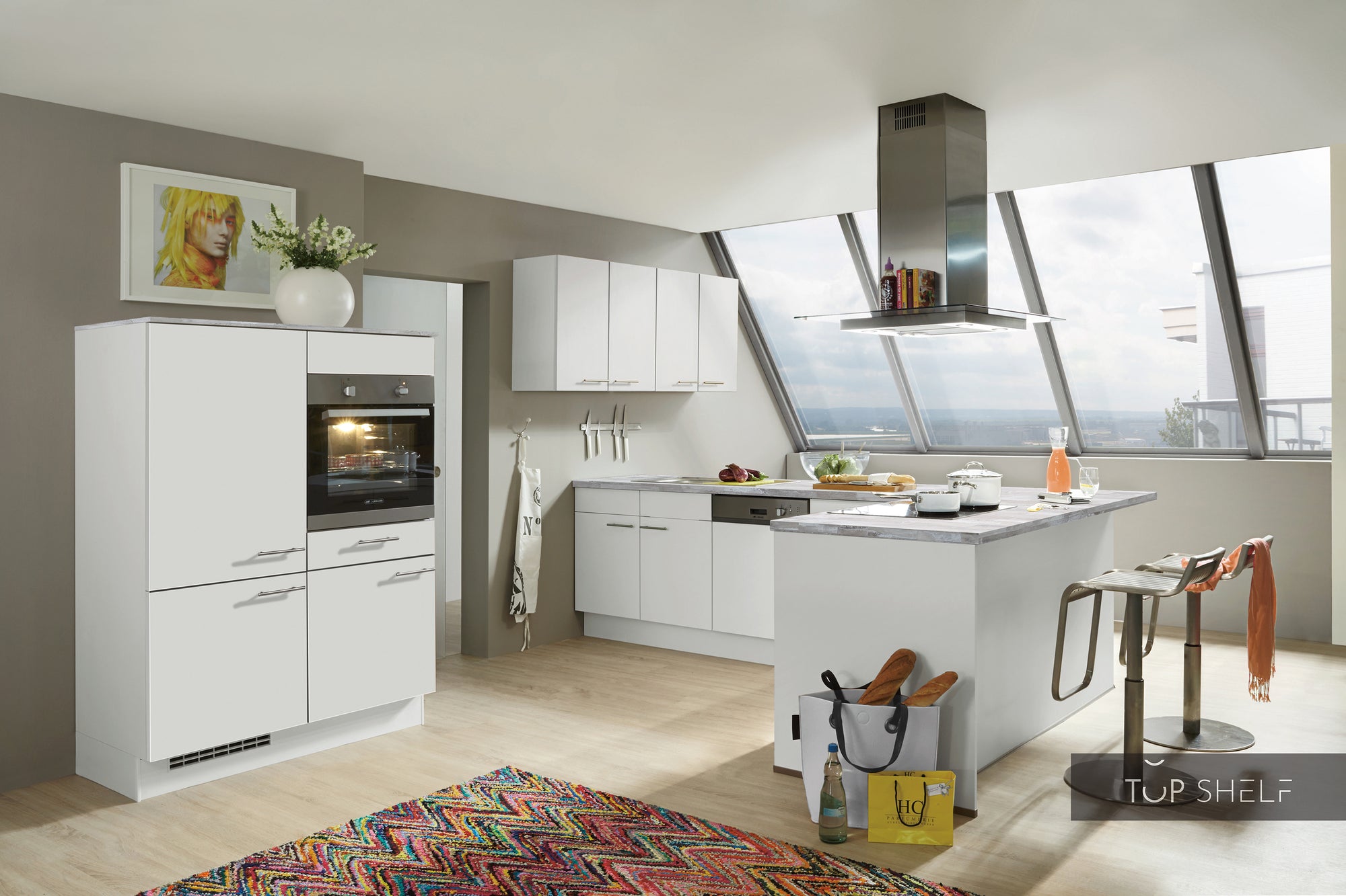 nobilia Küche mit Kücheninsel Speed 244 Alpinweiß 300 x 180 cm + 120 cm Küche konfigurierbar mit Elektrogeräten