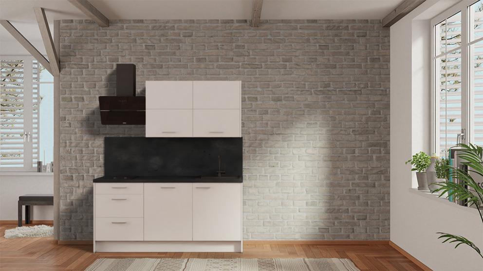 nobilia Mainz Miniküche 180 cm Alpinweiß matt Küchenzeile mit E-Geräten Beton Schiefergrau