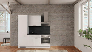 nobilia Miniküche Remscheid 210 cm Weiß matt Beton Schiefergrau mit Kühlschrank