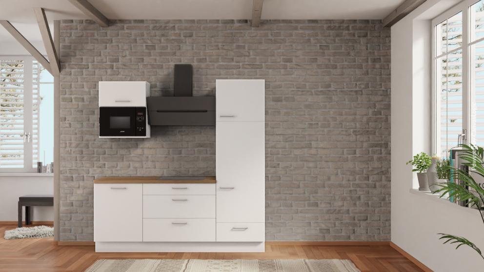 nobilia Singleküche Darmstadt 210 cm Weiß matt Eiche Provence mit Kühlschrank &amp; Geschirspüler