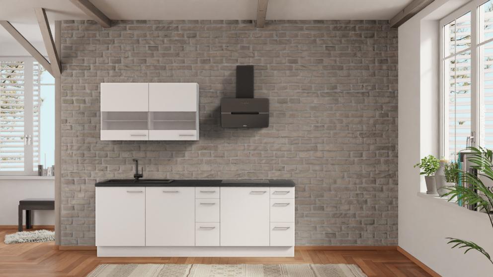 nobilia Singleküche Rosenheim 240 cm Weiß matt Beton Schiefergrau mit Geschirspüler