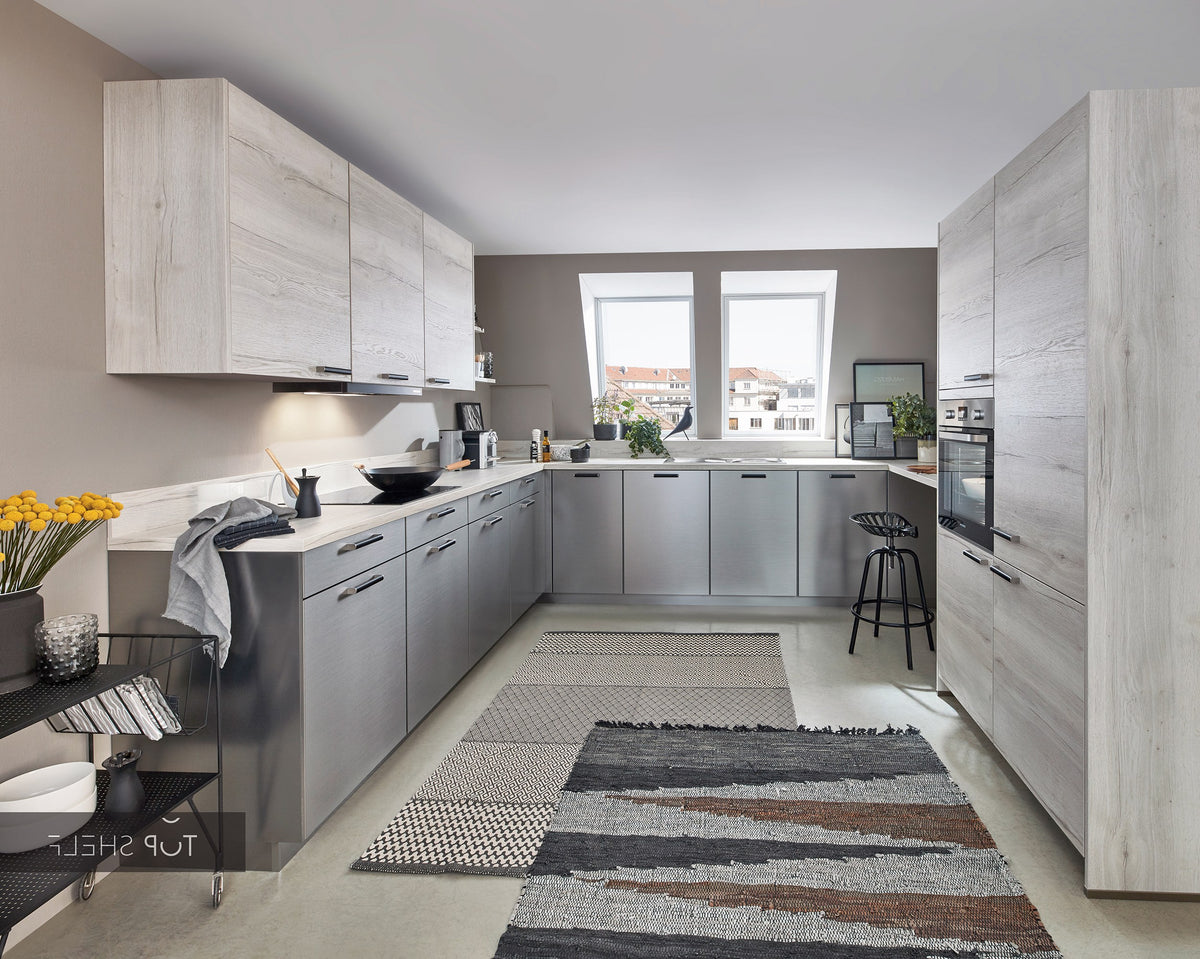 nobilia U-Küche Inox 216 Lacklaminat Stahl gebürstet Nachbildung 240x345x240cm konfigurierbar mit E-Geräte spiegelverkehrt