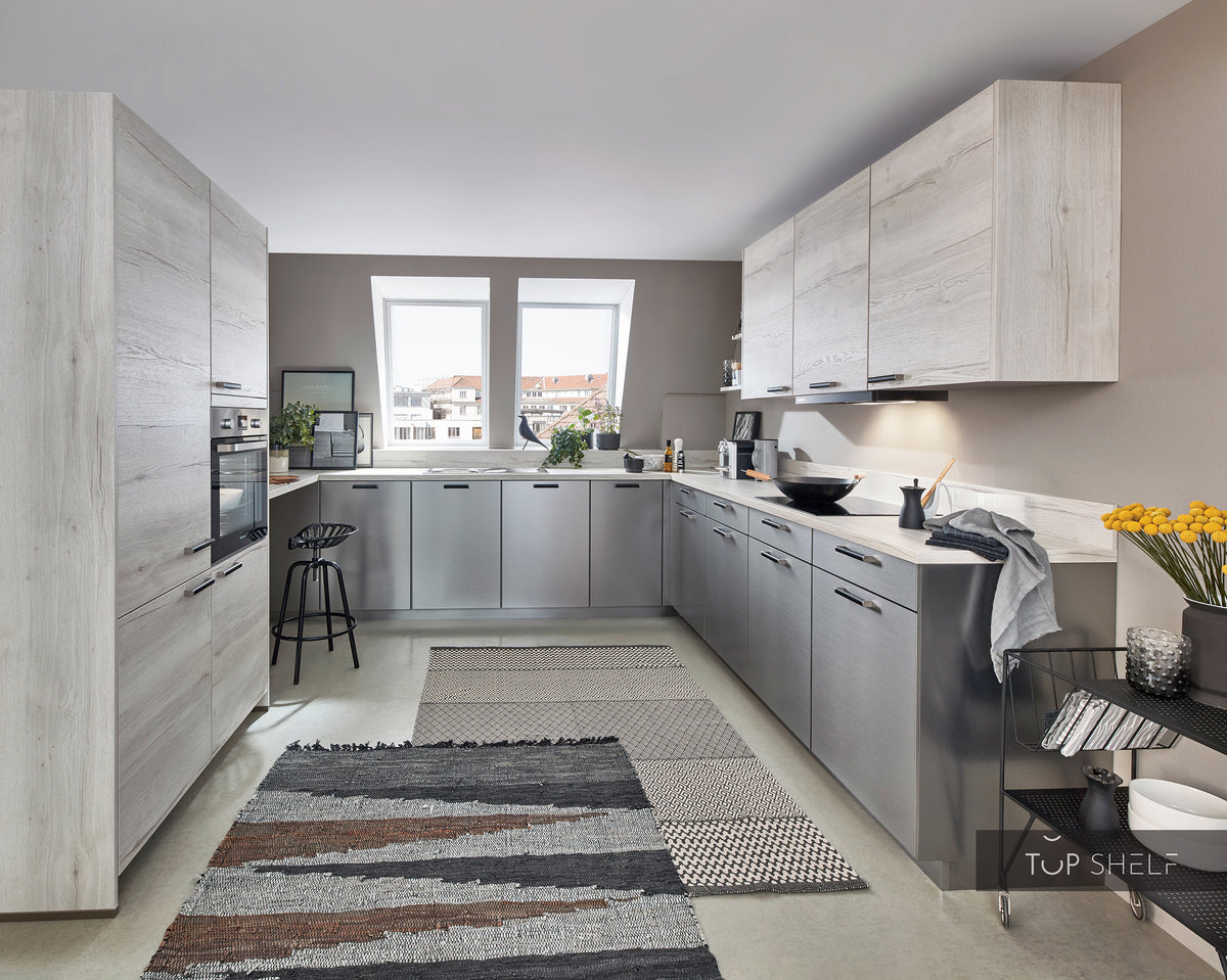 nobilia U-Küche Inox 216 Lacklaminat Stahl gebürstet Nachbildung 240x345x240cm konfigurierbar mit E-Geräte