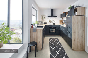 nobilia U-Küche Speed 288 Schwarzbeton / 123 Eiche Virginia 245 x 255 x 245 cm Küche konfigurierbar mit Elektrogeräten spiegelverkehrt