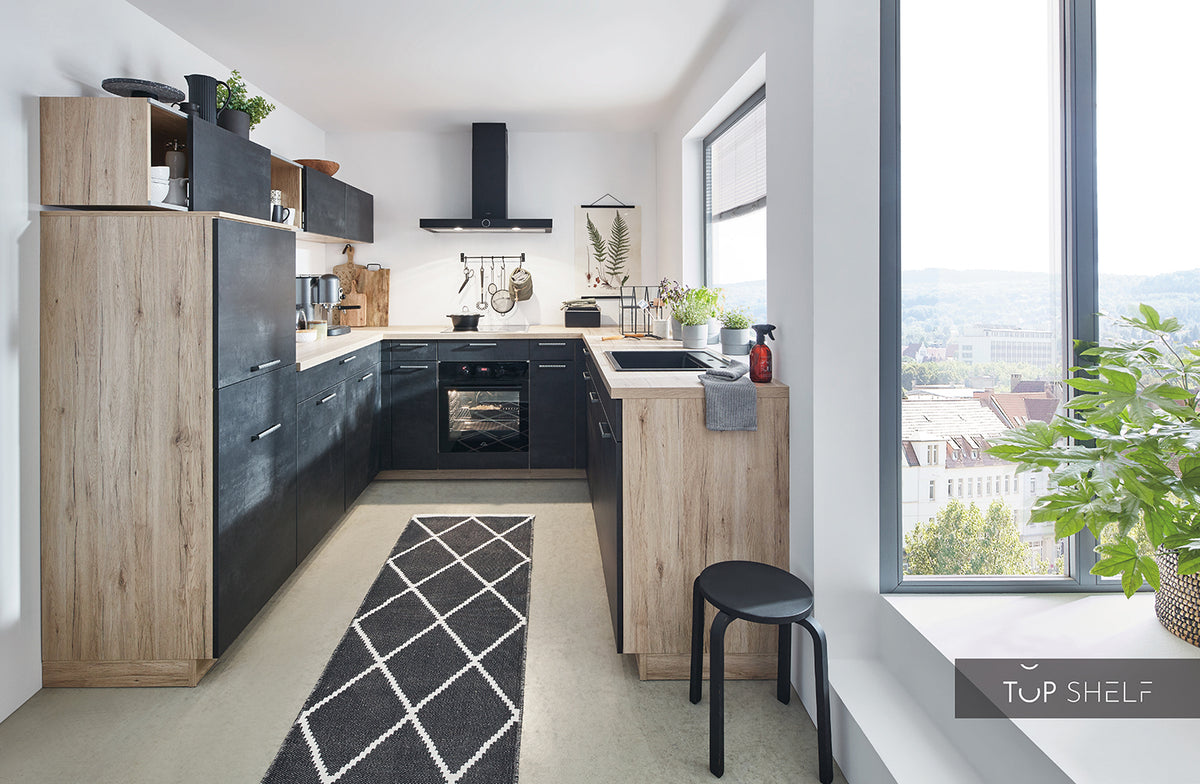 nobilia U-Küche Speed 288 Schwarzbeton / 123 Eiche Virginia 245 x 255 x 245 cm Küche konfigurierbar mit Elektrogeräten