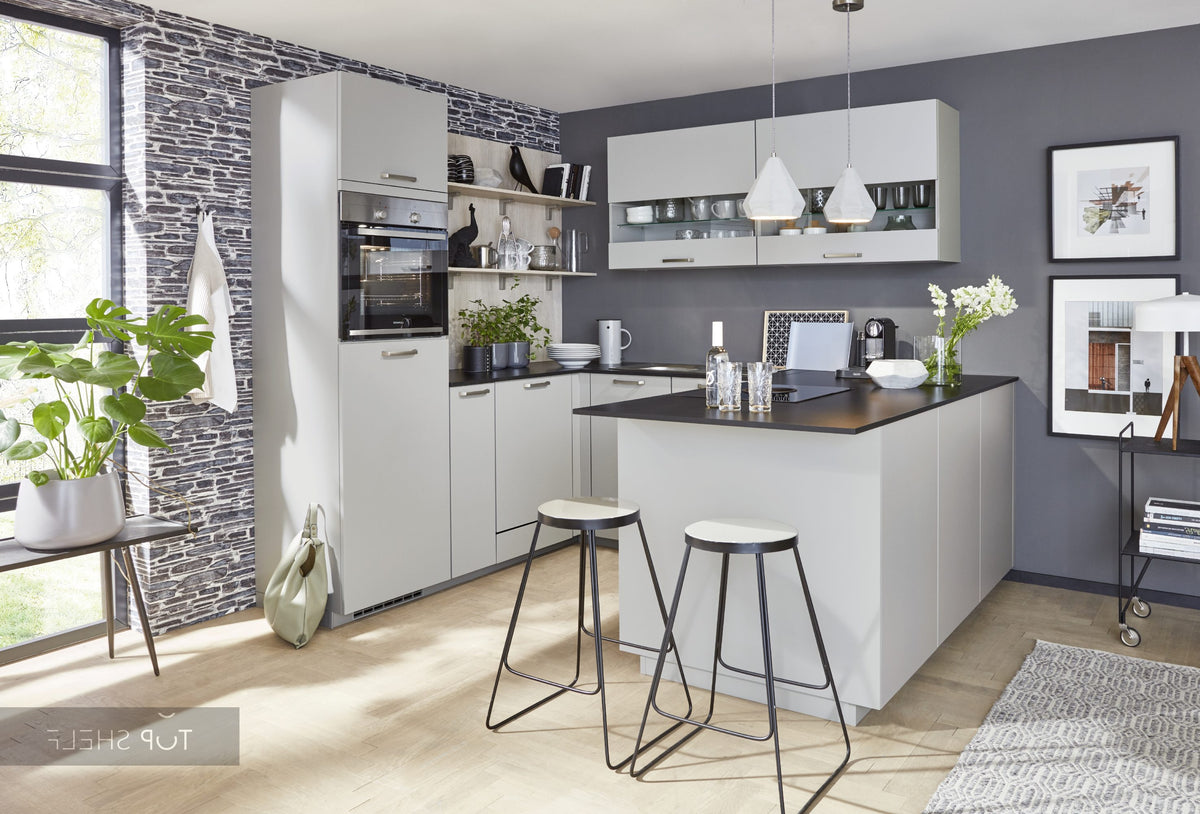 nobilia U-Küche Touch 341 Steingrau supermatt 220 x 280 x 215 cm moderne Küche konfigurierbar mit Geräten spiegelverkehrt