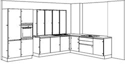 nobilia Winkelküche Artis 938 Glasoptik  Alpinweiß matt mit Glaswandschränken 265x275x120 cm Skizze