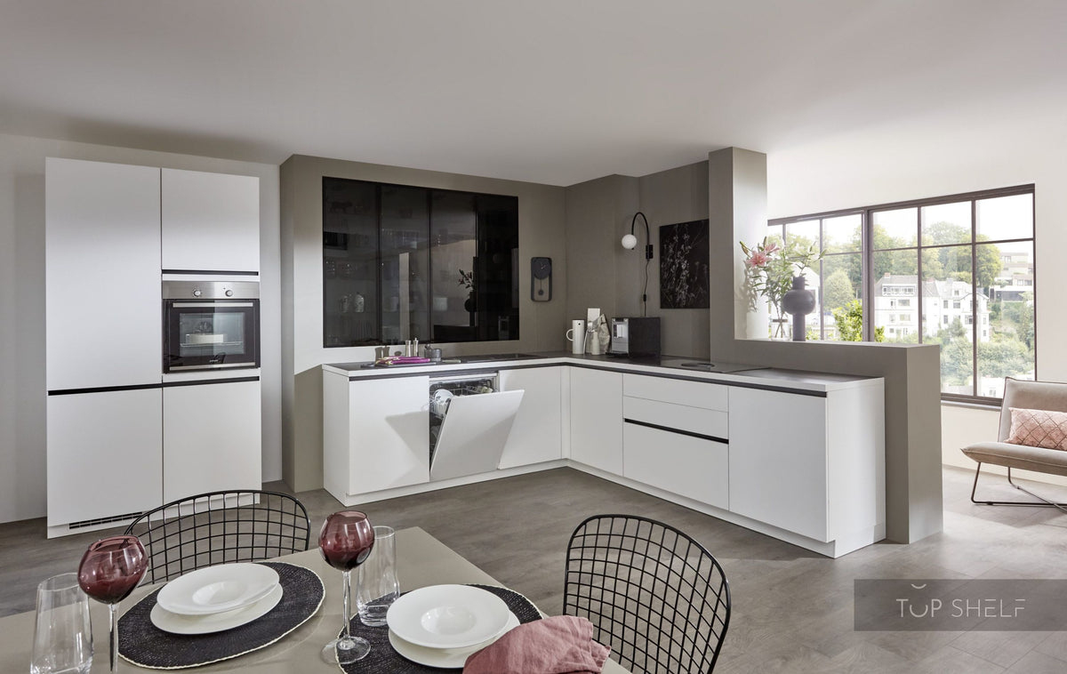 nobilia Winkelküche Artis 938 Glasoptik Alpinweiß matt 265 x 275 + 120 cm mit Glas-Wandschränken konfigurierbar mit E-Ger Detail Geschirrspüler