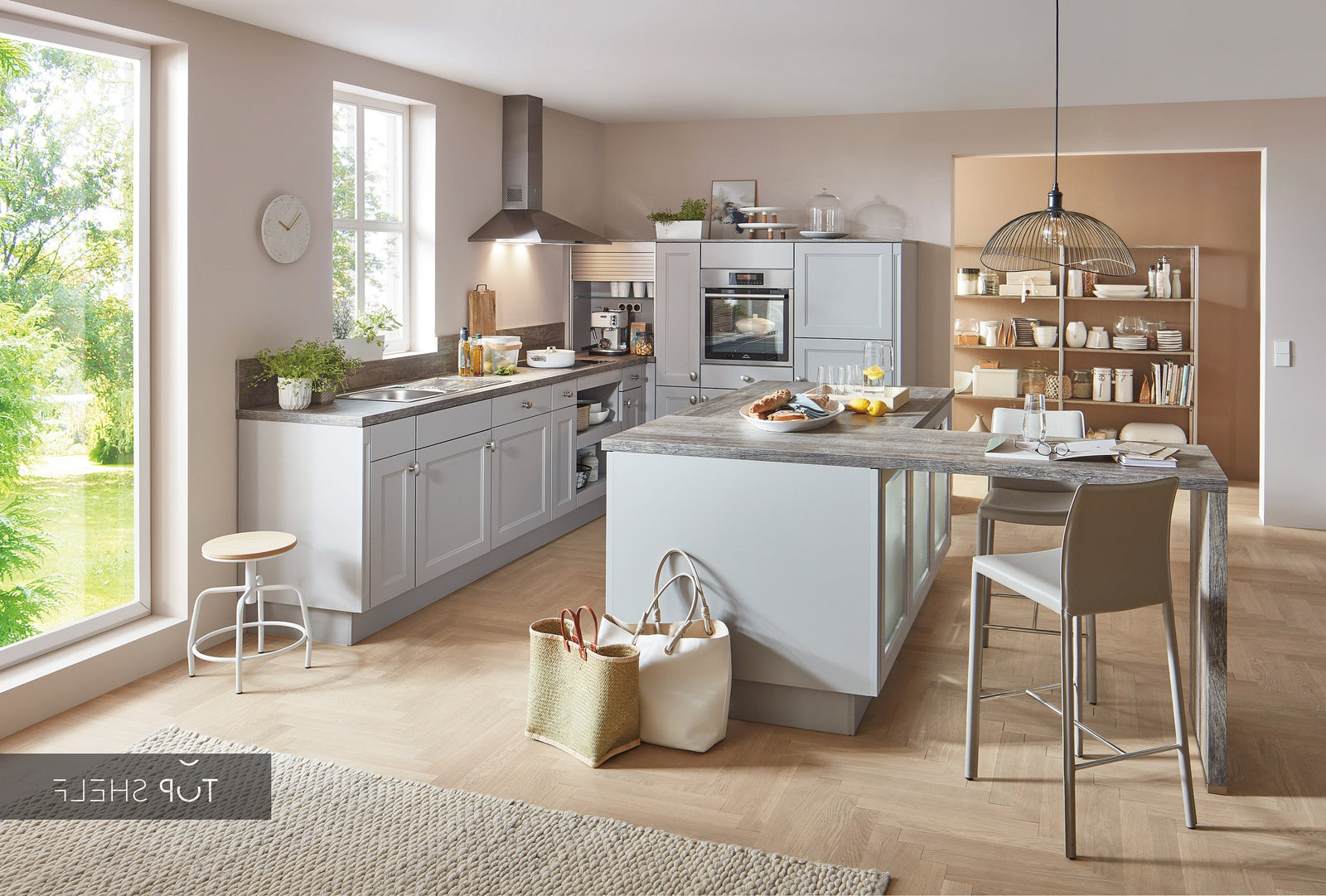 nobilia cocina en esquina con isla de cocina cocina en esquina Cascada 772 Steingrau 370x220+180 cm configurable -