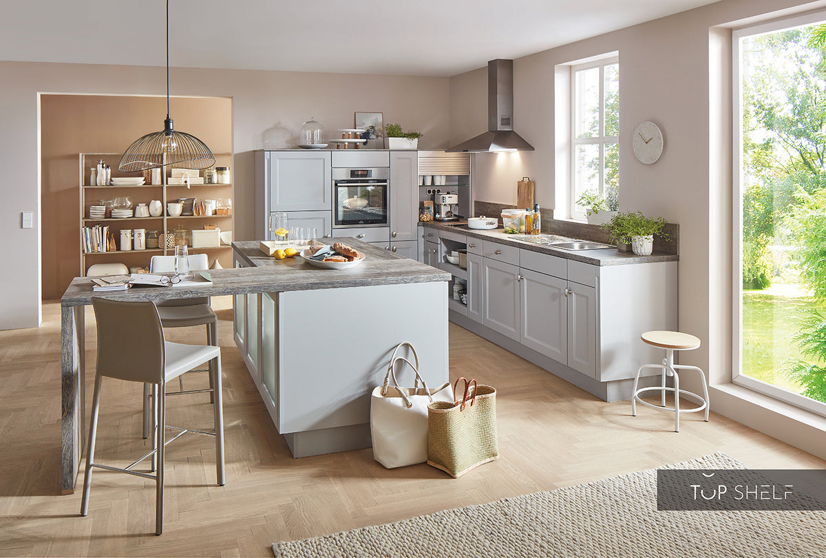 nobilia Winkelküche mit Kücheninsel Eckküche Cascada 772 Lacklaminat Steingrau 370x220+180 cm konfigurierbar mit E-Geräten