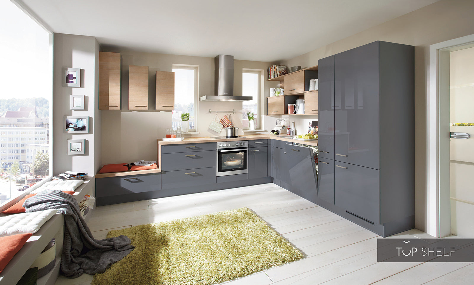 nobilia cocina en esquina Flash 453 Gris pizarra alto brillo sin tiradores 380 x 280 cm configurable -