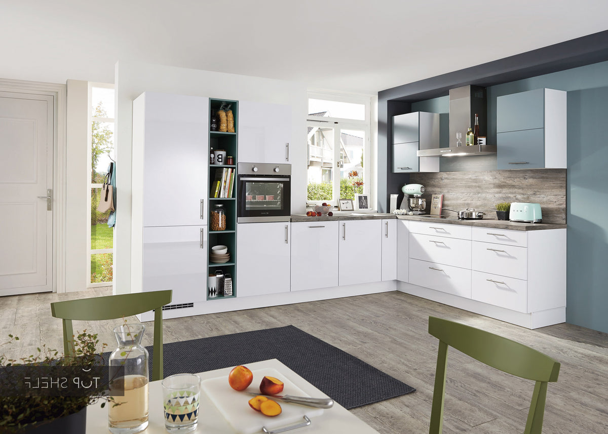 nobilia Winkelküche Eckküche Focus 470 Lack Alpinweiß ultra-hochglanz 260x350cm konfigurierbar mit E-Geräten spiegelverkehrt