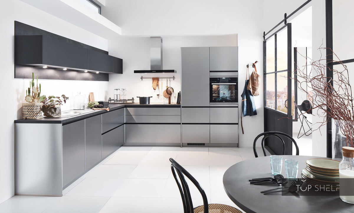 nobilia Winkelküche Eckküche Inox 216 Lacklaminat Stahl gebürstet Nachbildung 305 x 305 cm konfigurierbar mit E-Geräten