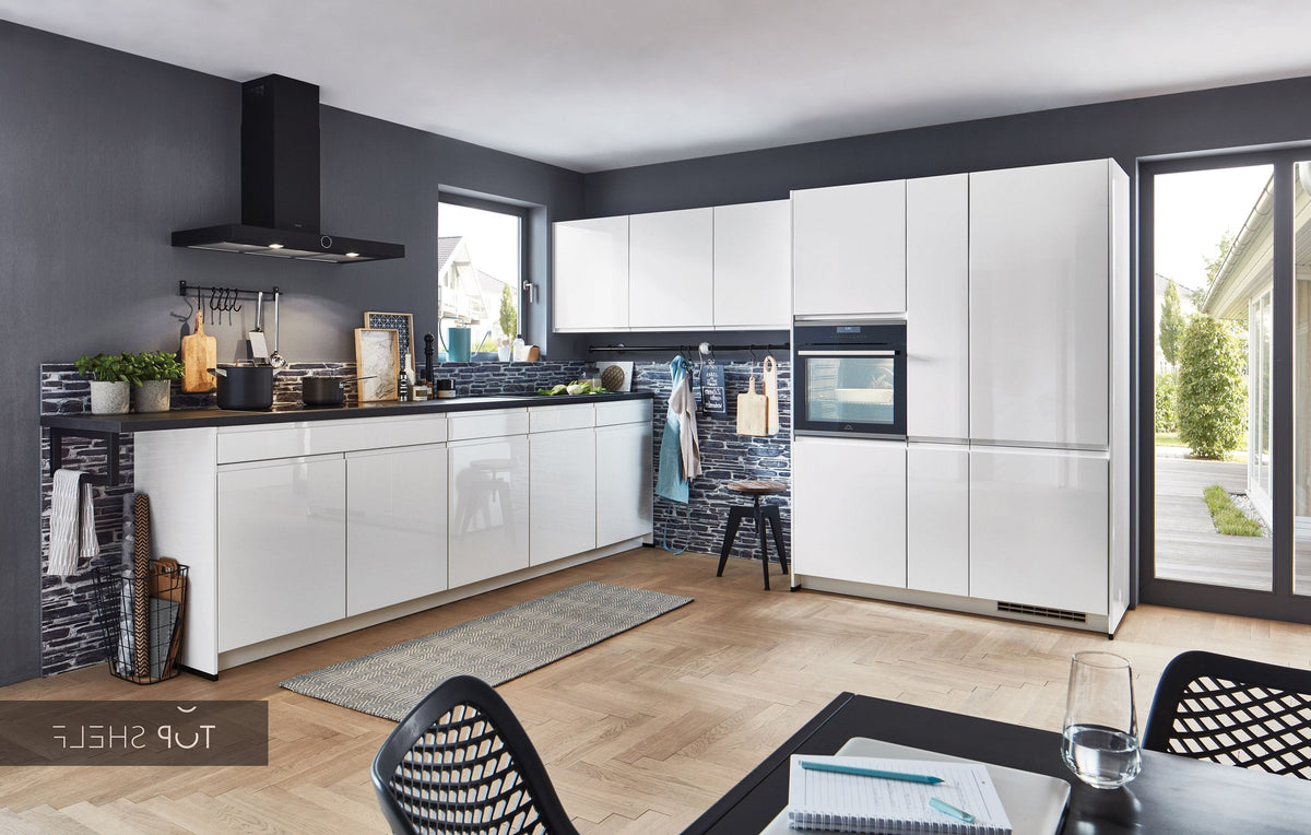 nobilia Winkelküche Eckküche Pura 834 Lack Weiß Hochglanz grifflose Küche 350x330 cm konfigurierbar mit E-Geräten spiegelverkehrt