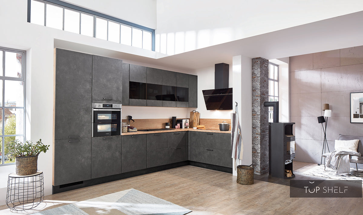 nobilia Winkelküche Eckküche Riva 839 Beton Terragrau Nachbildung 365 x 185 cm Küche konfigurierbar mit E-Geräten