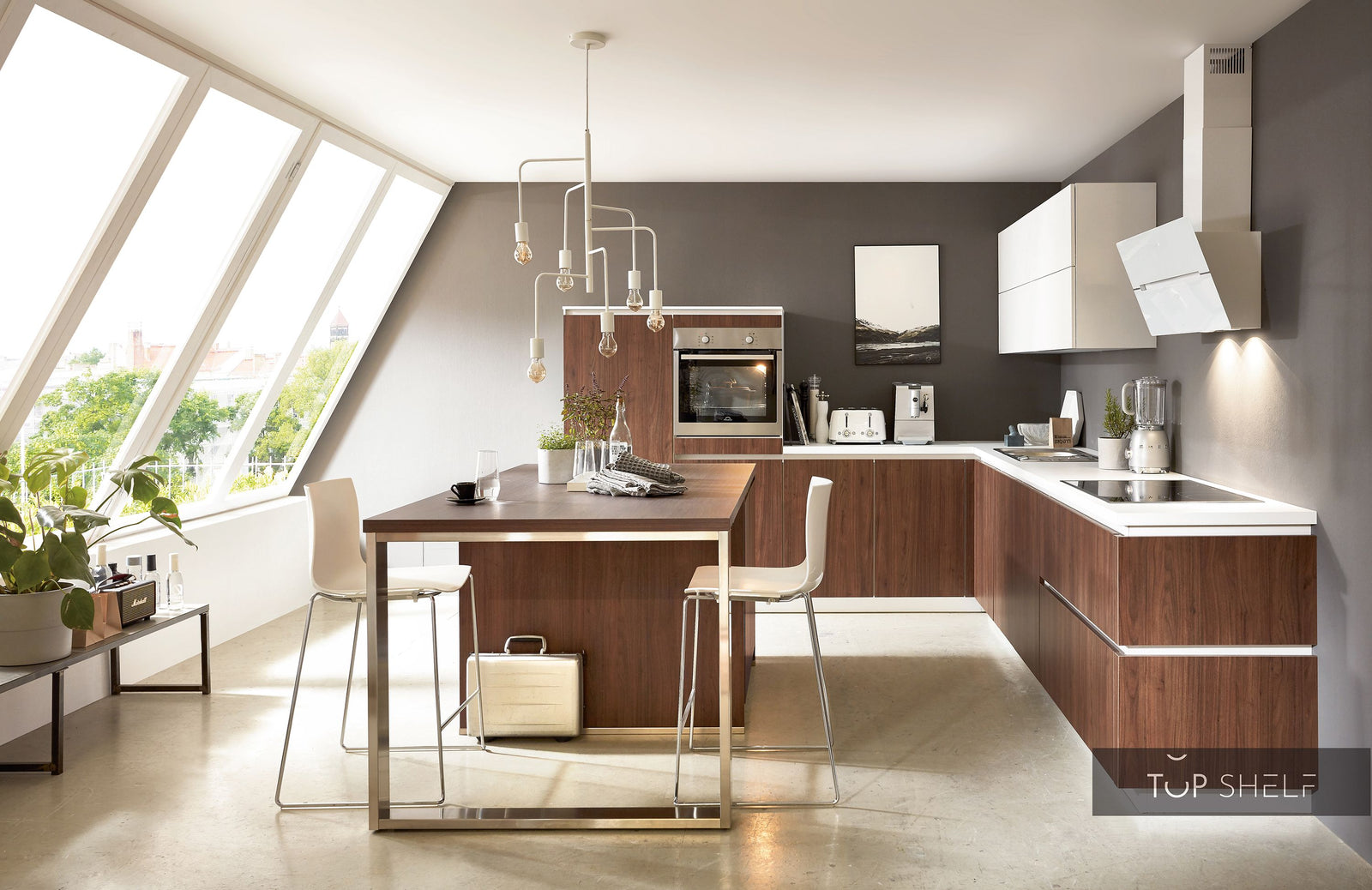 nobilia winkelkeuken met kookeiland hoekkeuken Riva 840 notenhout greeploos 370 x 285 + 210 x 110 cm configureerbaar ,