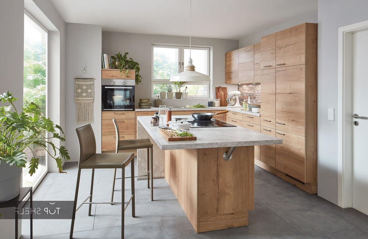 nobilia Winkelküche mit Kücheninsel Structura 405 Eiche Sierra Nachbildung 310x300 cm konfigurierbar mit E-Geräten spiegelverkehrt