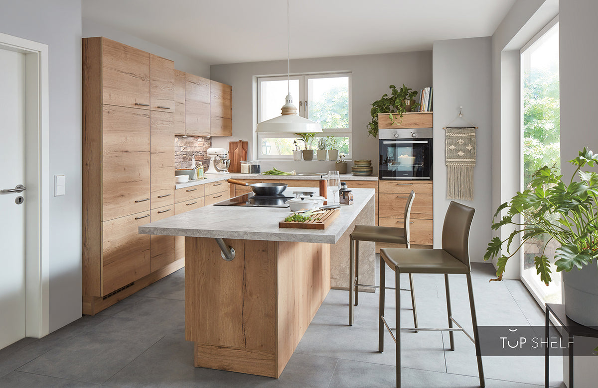 nobilia Winkelküche mit Kücheninsel Structura 405 Eiche Sierra Nachbildung 310x300 cm konfigurierbar mit E-Geräten