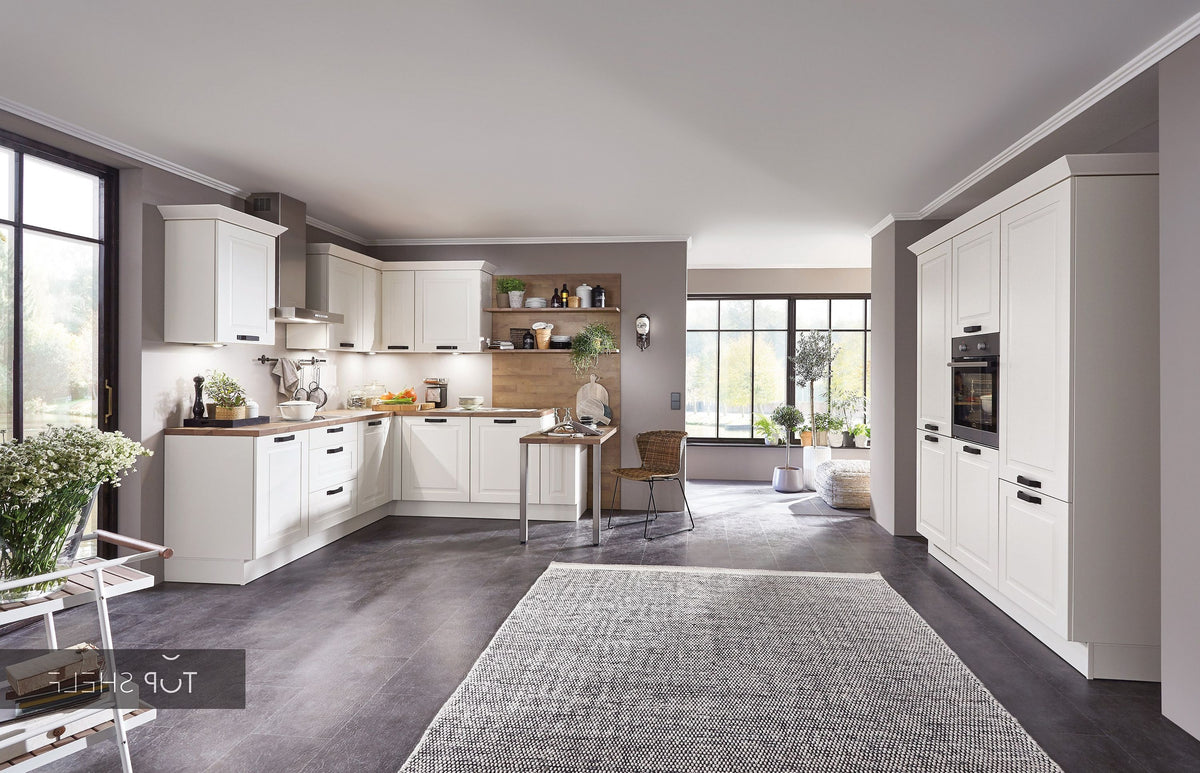 nobilia Winkelküche Eckküche Sylt 849 Lack Magnolia matt 250x250+180cm konfigurierbar mit E-Geräten spiegelverkehrt