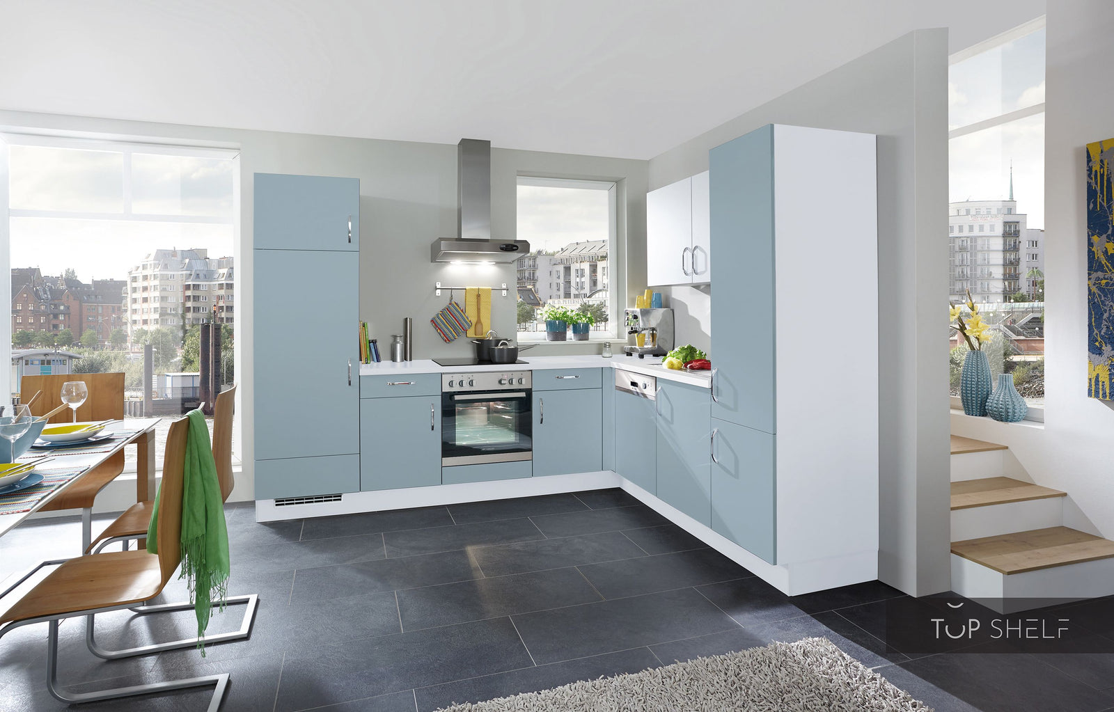 nobilia Winkelküche Eckküche Touch 337 Lacklaminat, Aqua supermatt 250x310 cm konfigurierbar mit E-Geräte mit Highboard