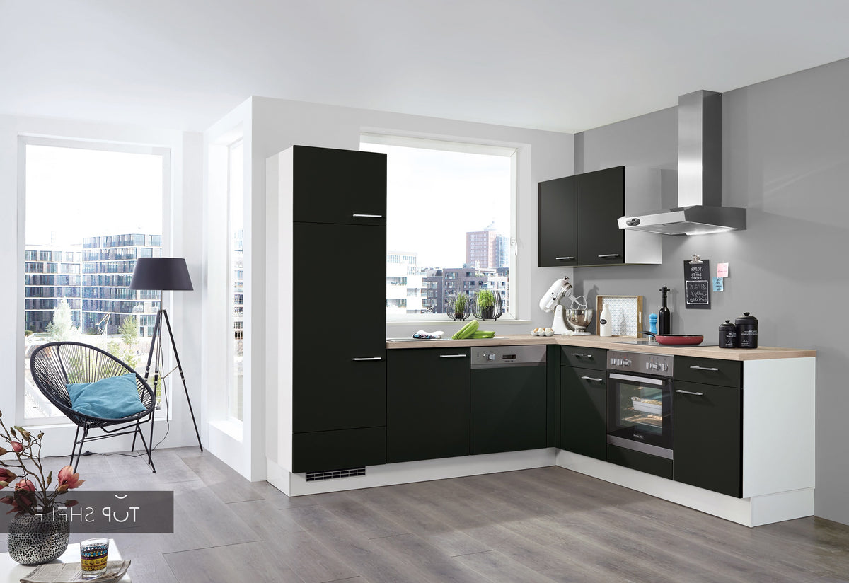 nobilia Winkelküche Eckküche Touch 340 Lacklaminat Schwarz supermatt 250x310 cm konfigurierbar mit E-Geräten ohne Highboard spiegelverkehrt
