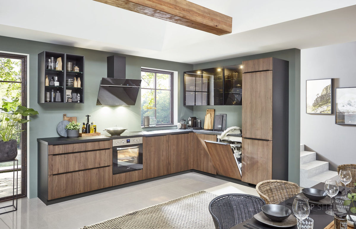 nobilia corner kitchen Riva 840 walnut 370 x 250 cm with glass